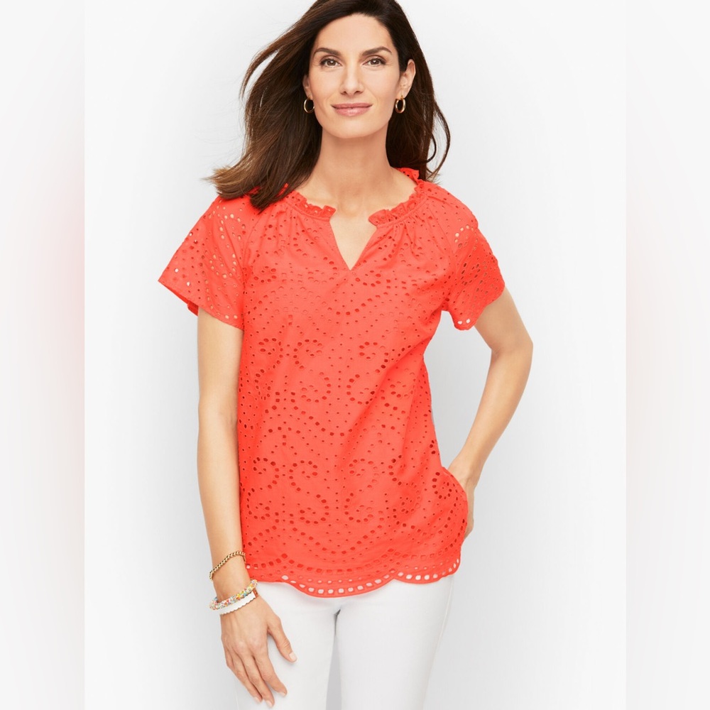 Talbots Women’s SPLIT NECK Cotton EYELET‎ Short Sleeve TOP GEO SWIRL Coral XLp